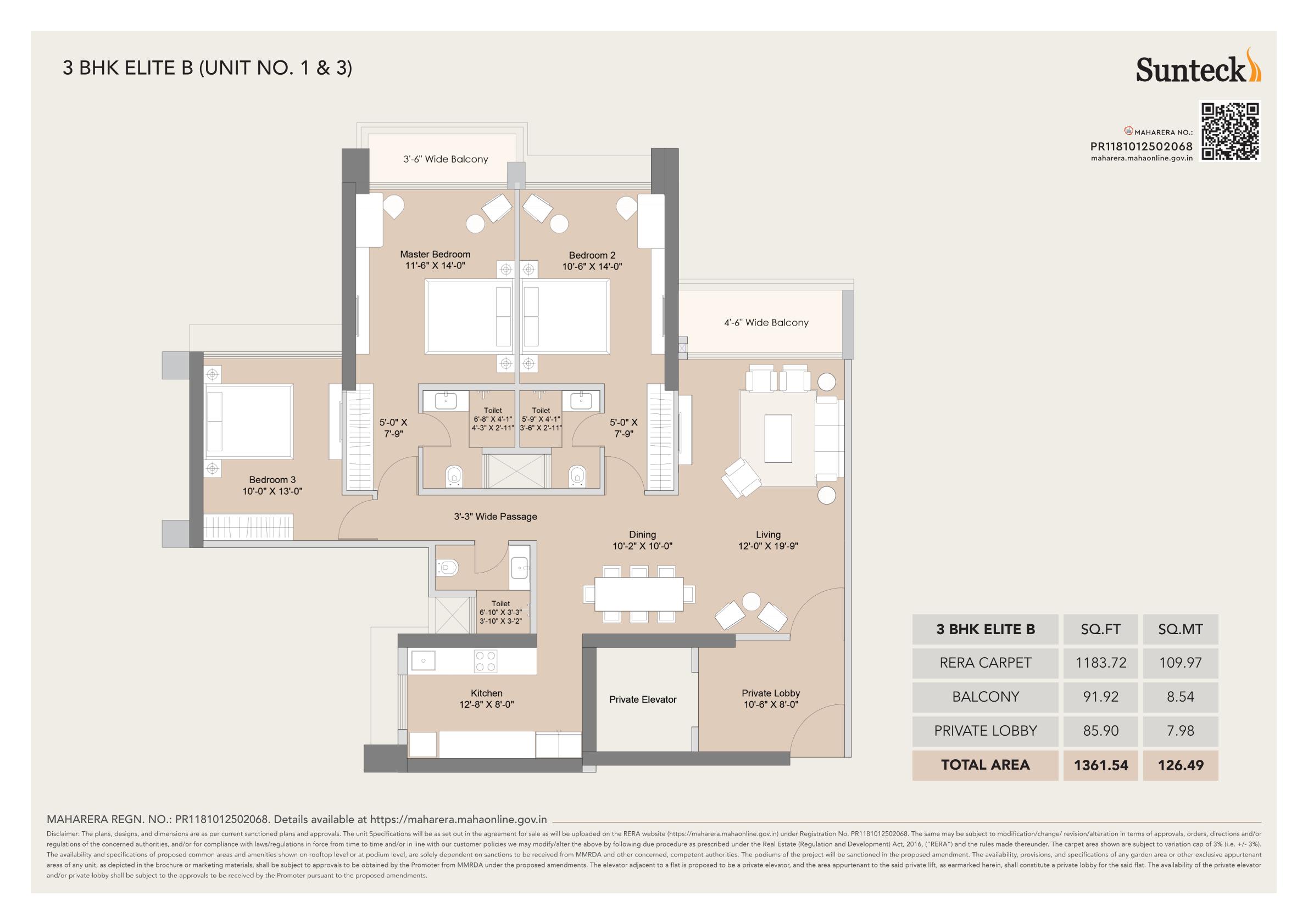 3 BHK Floor Plan - 1361 sq ft